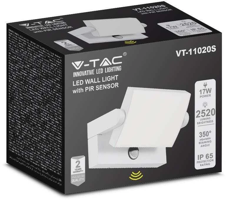 Sieninis šviestuvas V-tac 17W LED sieninis lauko šviestuvas, baltas, 4000K, IP65, su judesio davikliu