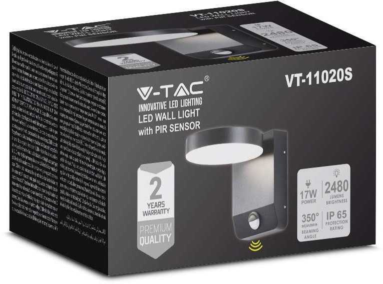Sieninis šviestuvas V-tac 17W LED sieninis lauko šviestuvas, juodas, 4000K, IP65, su judesio davikliu