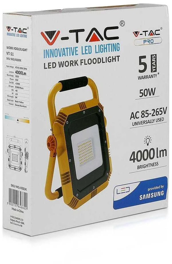 50W LED nešiojamas prožektorius V-TAC, 4000K (natūraliai balta), IP44, SAMSUNG LED chip