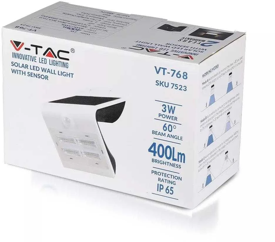 Sieninis šviestuvas V-tac 3W LED sieninis lauko šviestuvas, juodos/baltos sp. korpusu, 3000/4000K, su saulės baterija ir judesio davikliu