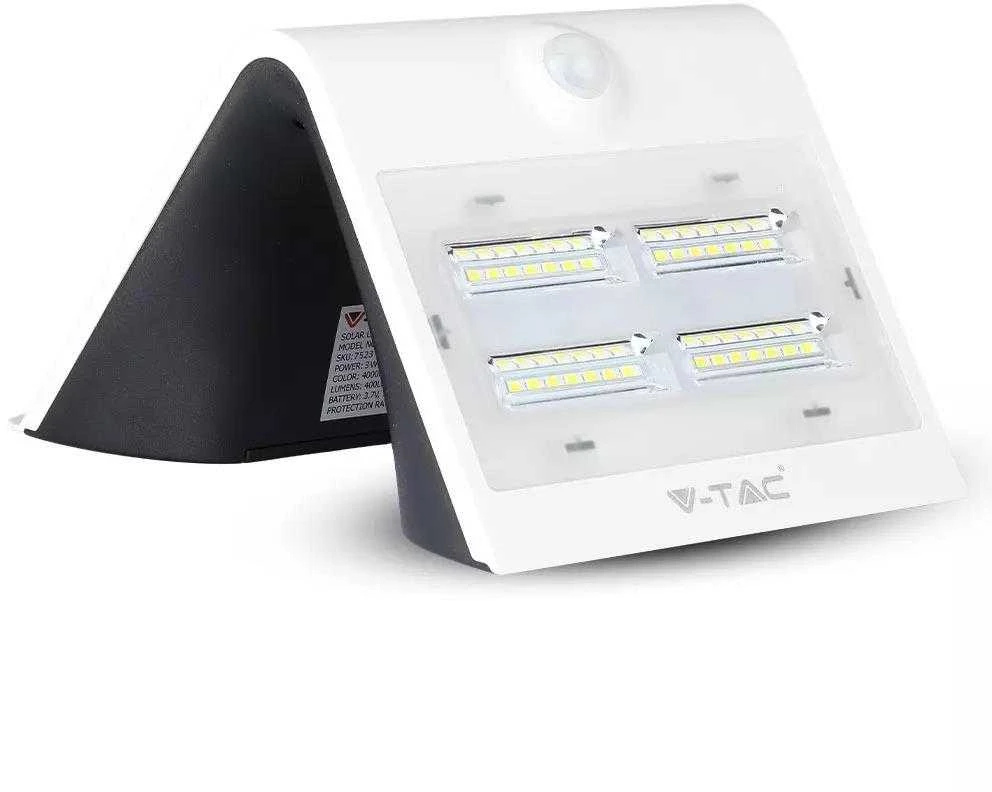 Sieninis šviestuvas V-tac 3W LED sieninis lauko šviestuvas, juodos/baltos sp. korpusu, 3000/4000K, su saulės baterija ir judesio davikliu