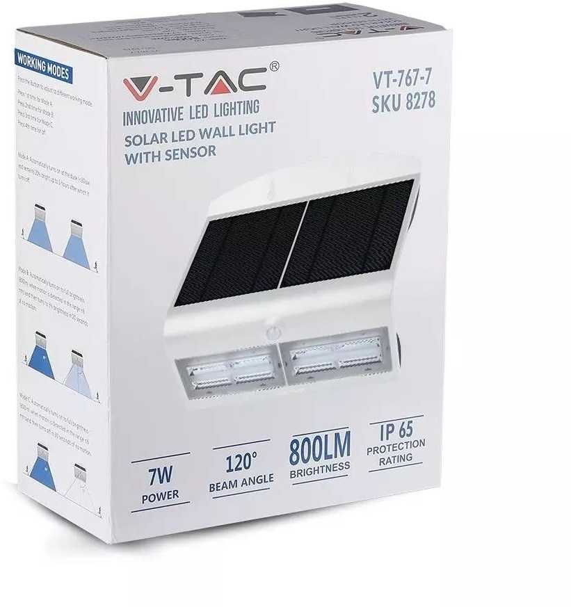 V-tac 6,8W sieninis lauko šviestuvas su saulės baterija, 4000K, juodu/baltu korpusu