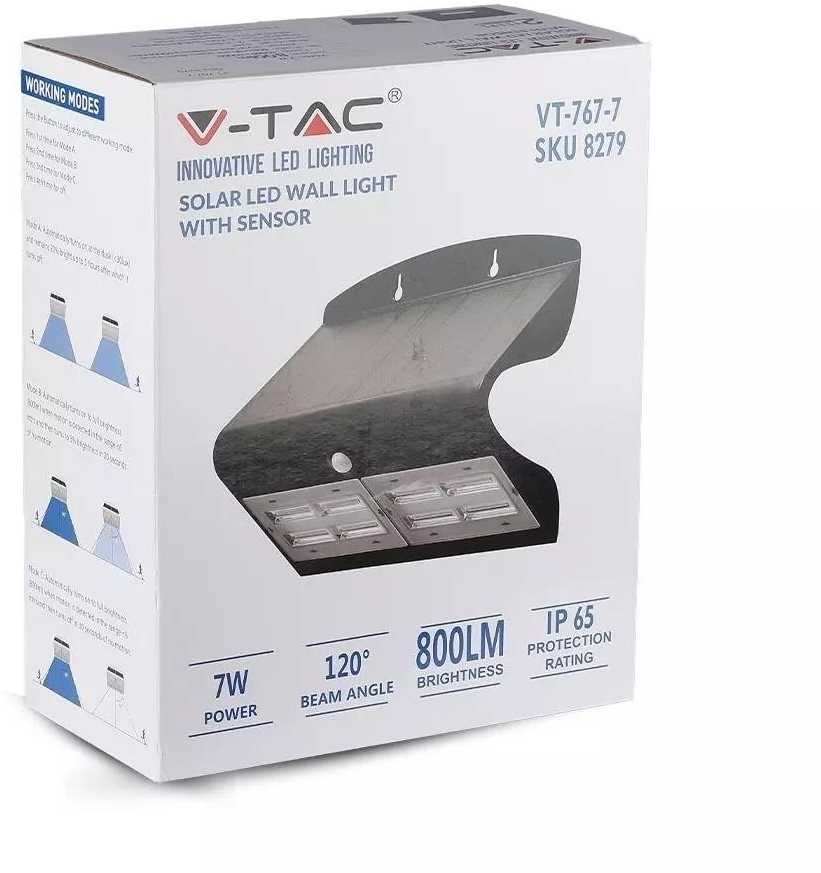 V-tac 6,8W sieninis lauko šviestuvas su saulės baterija, 4000K, juodu korpusu