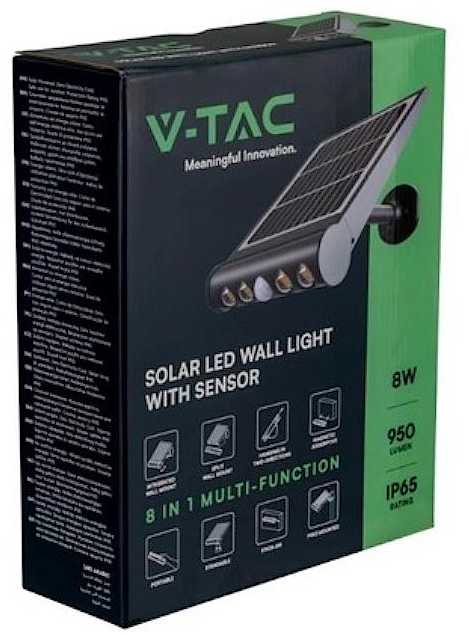 V-tac 8W LED universalus šviestuvas, su saulės baterija ir judesio davikliu, juodas, 6000K