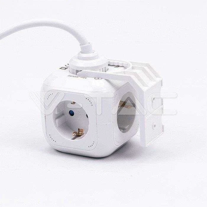 Ilgintuvas 4-vietis V-TAC, 2usb jungtys, 3G1.5MM2 X1.4M, baltas, kubo formos
