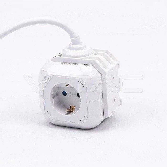 Ilgintuvas 4-vietis V-TAC, 2usb jungtys, 3G1.5MM2 X1.4M, baltas, kubo formos