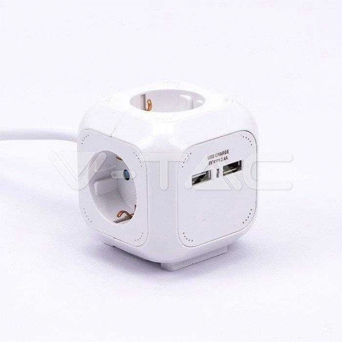 Ilgintuvas 4-vietis V-TAC, 2usb jungtys, 3G1.5MM2 X1.4M, baltas, kubo formos