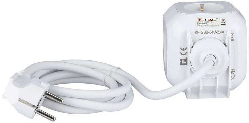 Ilgintuvas 4-vietis V-TAC, 2usb jungtys, 3G1.5MM2 X1.4M, baltas, kubo formos
