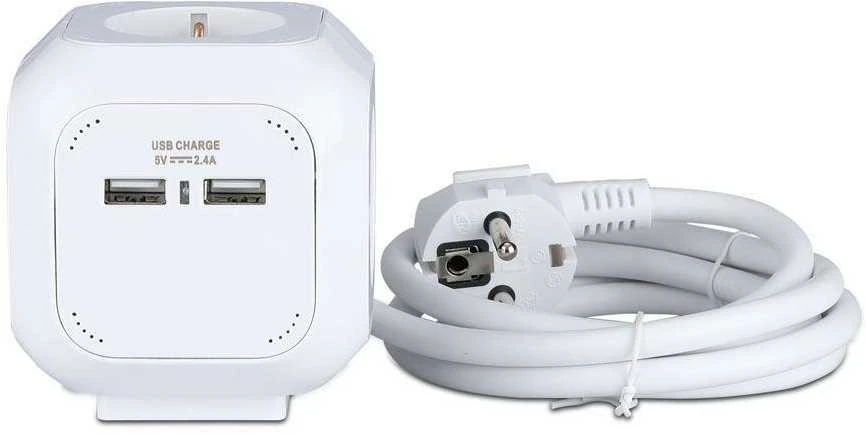 Ilgintuvas 4-vietis V-TAC, 2usb jungtys, 3G1.5MM2 X1.4M, baltas, kubo formos