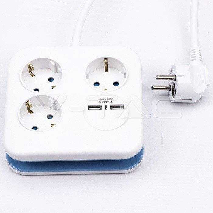 Ilgintuvas 3-vietis V-TAC, 2usb jungtys, 3G1.5MM2 X1.4M, baltas, kvadratinis