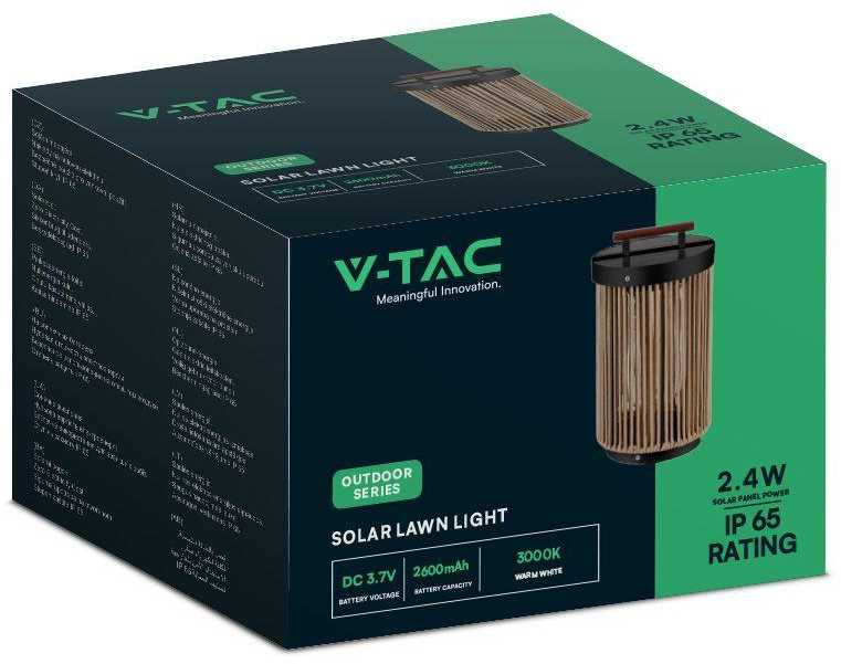 V-tac 2,4W LED įkraunamas lauko šviestuvas su saulės baterija, juodos/medžio sp., 3000K, IP65