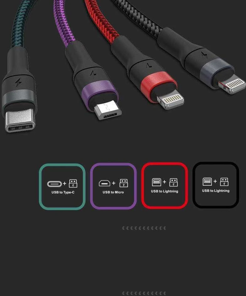 USB laidas, 4IN1, juodas, 1,2m