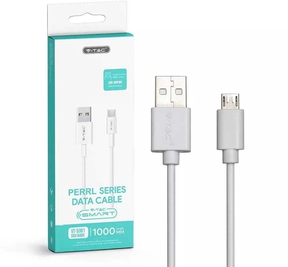 1m mikro USB laidas, baltas, PVC.
