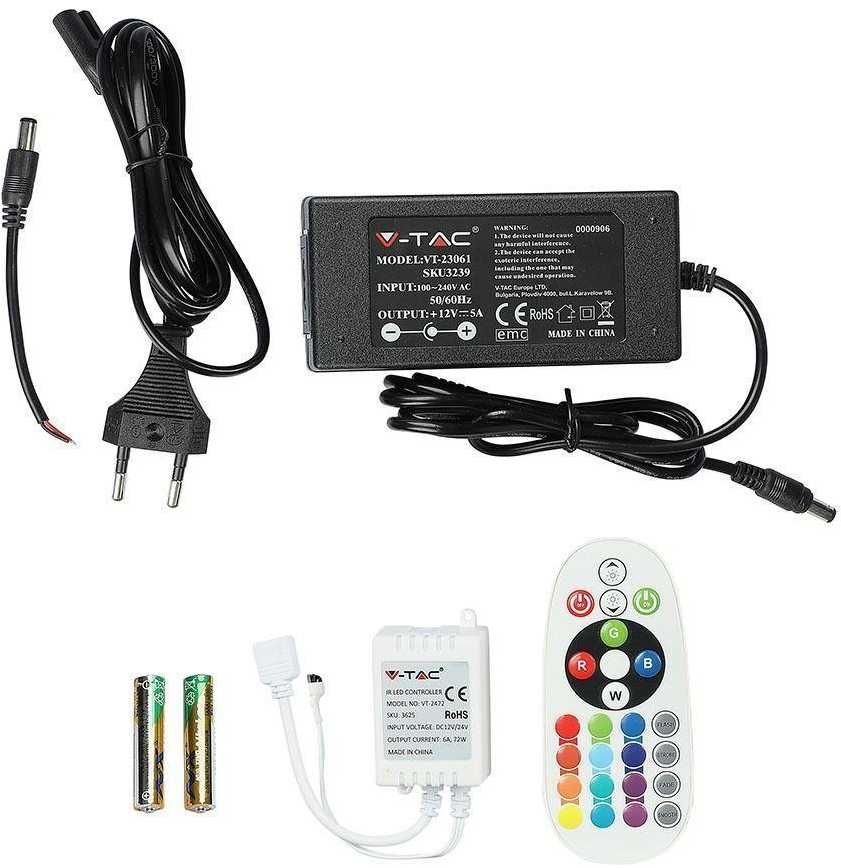 V-tac 7W/m LED juosta, 60 LED/m, RGB, EU jungiklis, 5 metrų (nekarpoma)