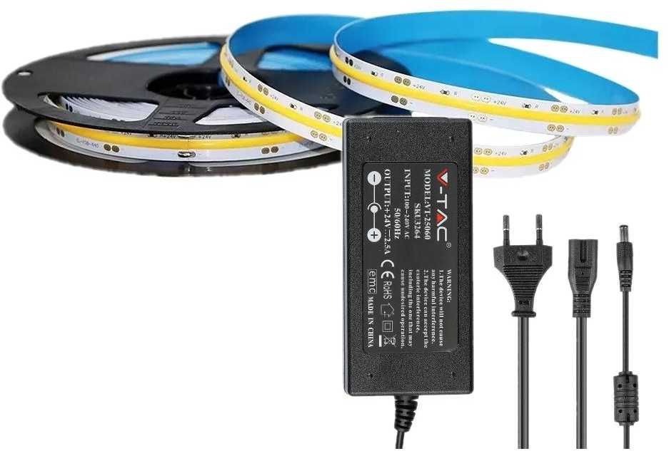 V-tac 10W/m LED juosta, 420LED/m, IP20, 3000K, 5m, su 60W maitinimo šaltiniu, 24V, 2.5A, IP44