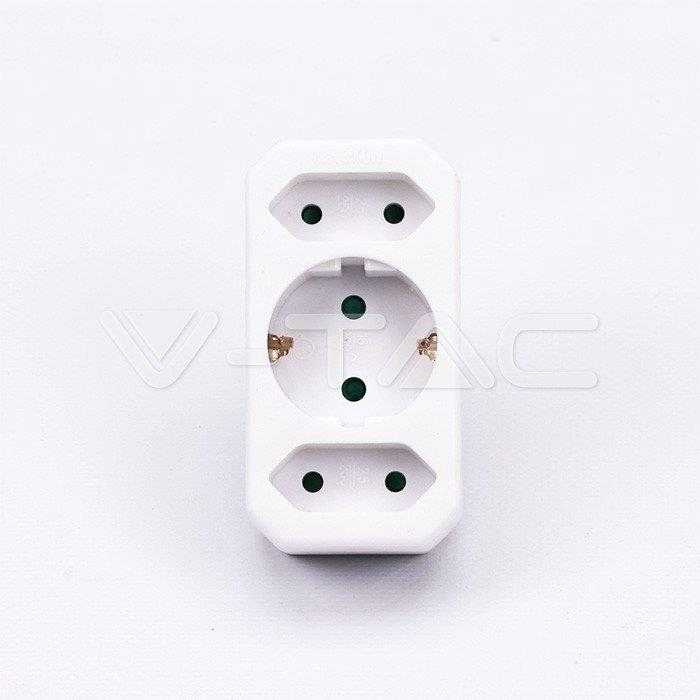 V-tac Trivietis lizdo adapteris, baltas, 2 jungtys su 2,5A, viena - 16A.