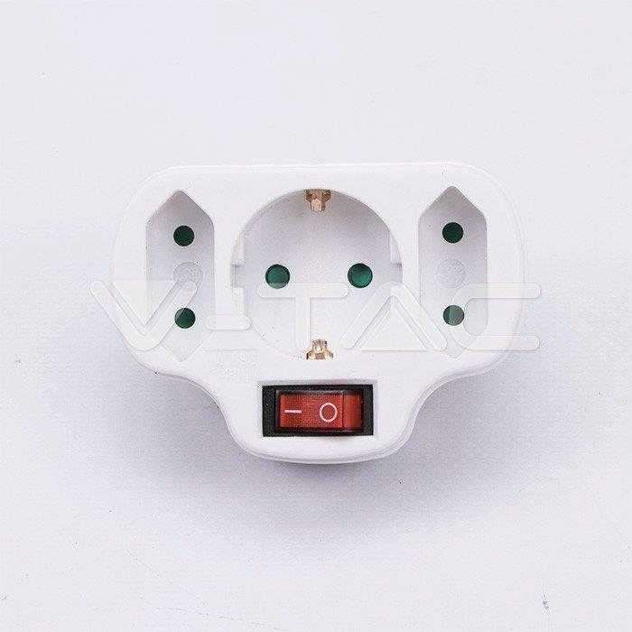 V-tac 3vietis lizdo adapteris, baltas, 2 jungtys 2,5A, viena 16A, su jungikliu