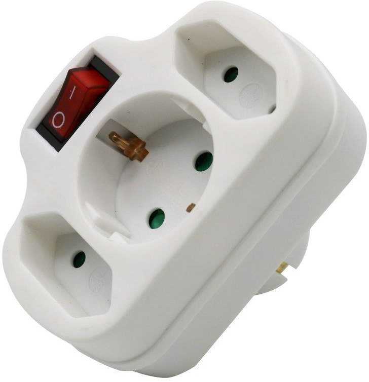 V-tac 3vietis lizdo adapteris, baltas, 2 jungtys 2,5A, viena 16A, su jungikliu