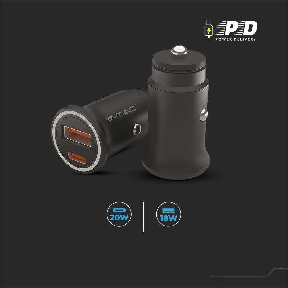 Auto įkroviklis, 12/24V, USB + USB-C, PD+QC, juodas
