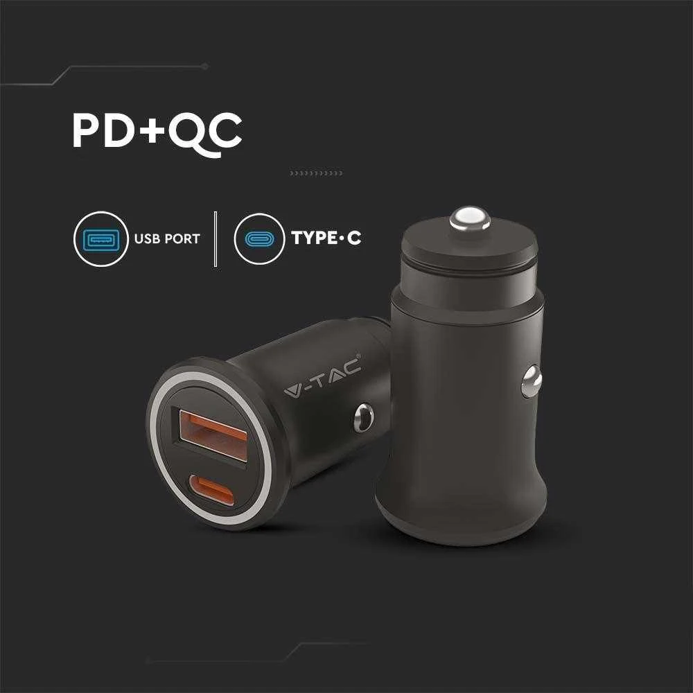 Auto įkroviklis, 12/24V, USB + USB-C, PD+QC, juodas