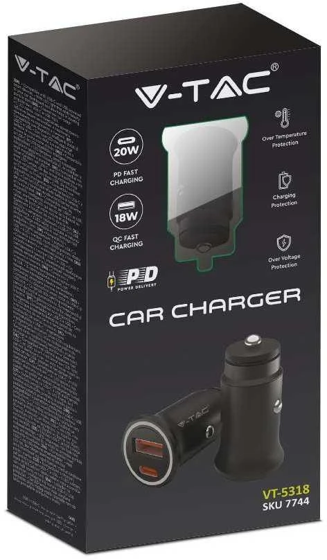 Auto įkroviklis, 12/24V, USB + USB-C, PD+QC, juodas
