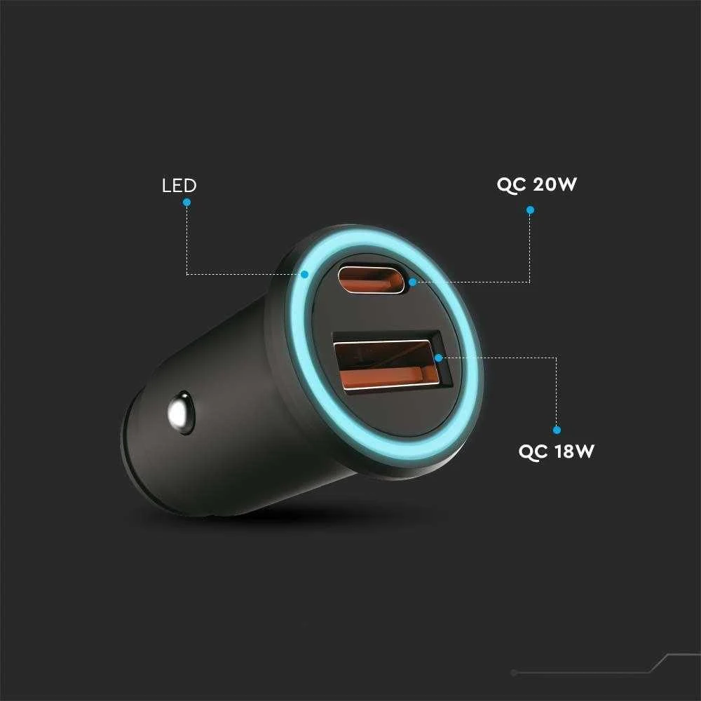 Auto įkroviklis, 12/24V, USB + USB-C, PD+QC, juodas