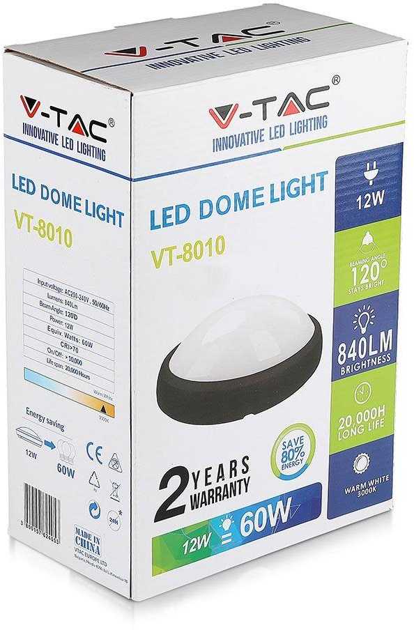 Lubinis šviestuvas 12W LED paviršinis šviestuvas V-TAC, ovalo formos, juodas, IP65, 3000K (šiltai balta)