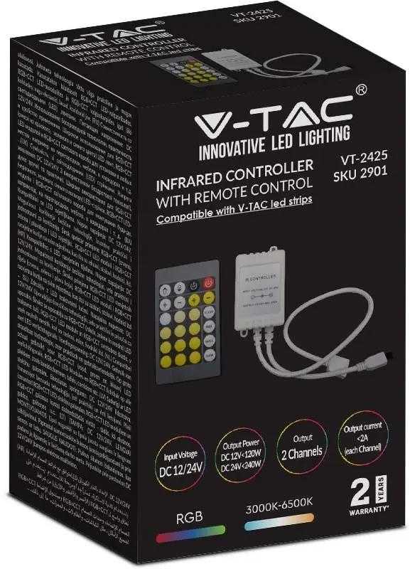 V-tac Infraraudonųjų spindulių valdiklis su nuotolinio valdymo pultu, skirtas 3in1+RGB LED juostai, 24 mygtukai