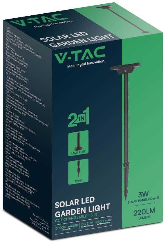 V-tac 2W LED įsmeigiamas/pastatomas lauko šviestuvas su saulės baterija, juodas, 3000-6400K, IP65