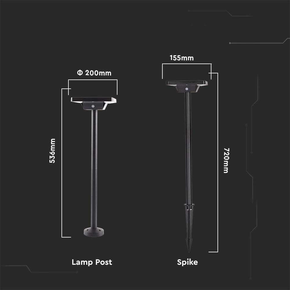 V-tac 2W LED įsmeigiamas/pastatomas lauko šviestuvas su saulės baterija, juodas, 3000-6400K, IP65