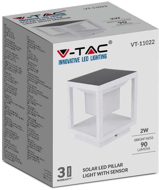 V-tac 2W pastatomas lauko šviestuvas, baltas, 3000K, su saulės baterija ir judesio/šviesos davikliu