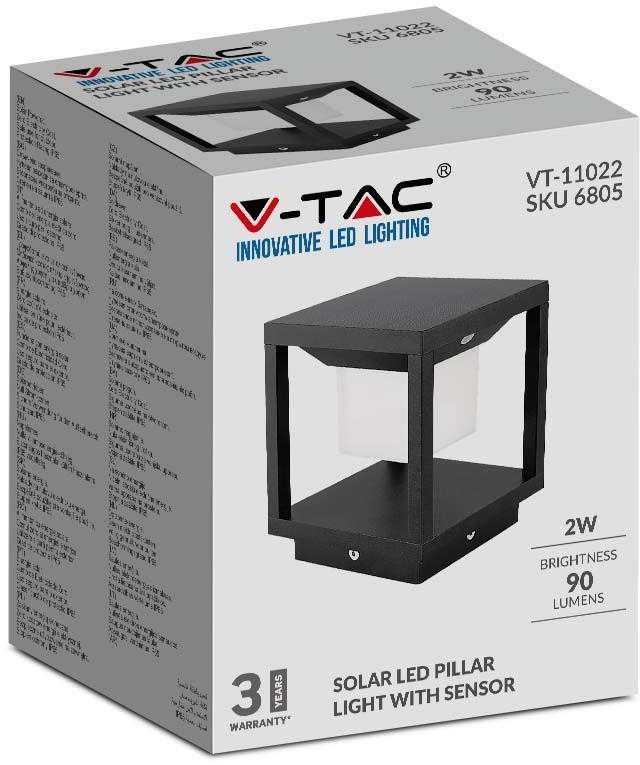 V-tac 2W pastatomas lauko šviestuvas, juodas, 3000K, su saulės baterija ir judesio/šviesos davikliu