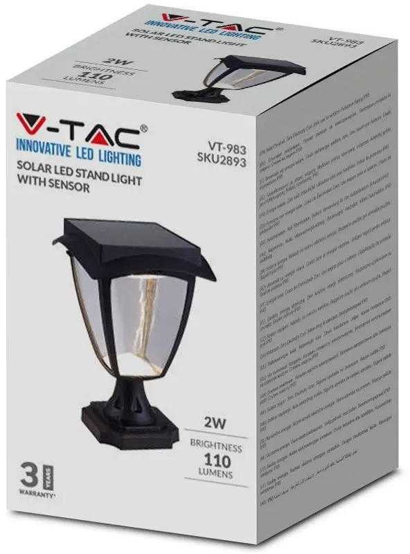 V-tac 2W LED sieninis lauko šviestuvas, juodas, 3000/6000K, su saulės baterija, IP44