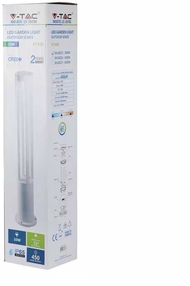 V-tac 10W LED lauko šviestuvas, baltas, IP65, aukštis 80cm, 6400K