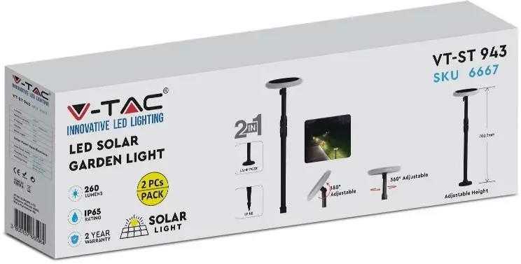 V-tac 3W LED įsmeigiamas lauko šviestuvas, juodas, 3000K, su saulės baterija, 2vnt. pakuotėje