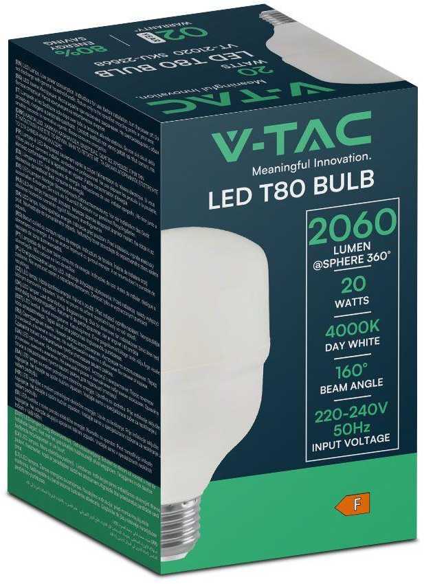 V-tac 20W LED lemputė, T80, E27, termoplastinė, 4000K