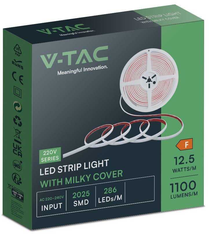 V-tac 12,5W/m LED juosta, 220V, 3000K, IP65, 5m ritė