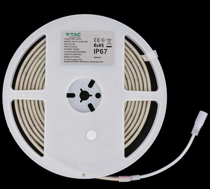 V-tac 10W/m LED COB juosta, 320LED/m, 24V, 6500K, IP67, 5 metrų ritė