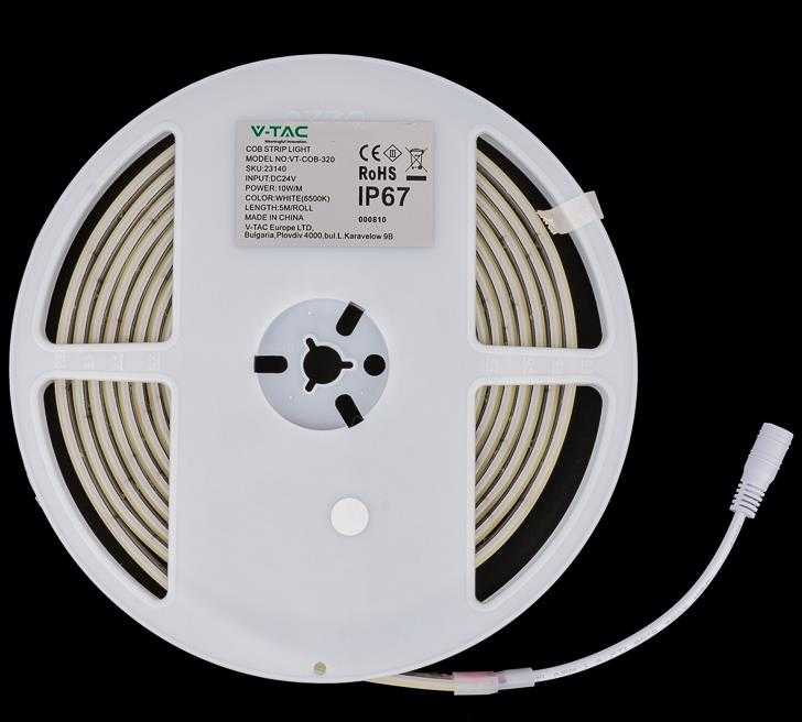 V-tac 10W/m LED COB juosta, 320LED/m, 24V, gintaro sp. šviesa, IP67, 5 metrų ritė