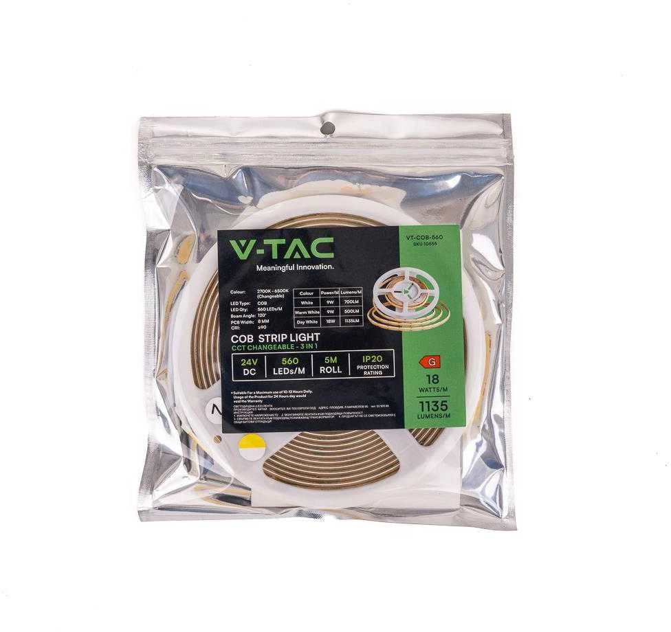 V-tac 18W/m COB LED juosta, 560LED/m, 24V, 2700/4000/6500K, 5 metrų ritė