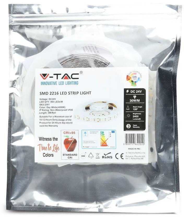 V-tac 30W/m LED juosta, 24V, 360 LED/m, IP20, 4000K, 5 metrų ritė