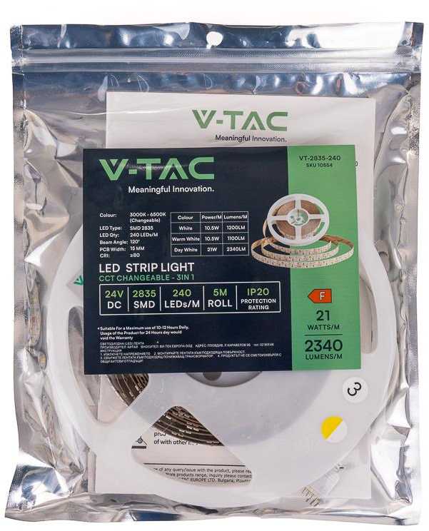 V-tac 21W/m LED juosta, 240LED/m, 24V, 3000/4000/6500K, 5 metrų ritė