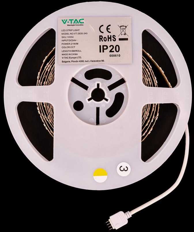 V-tac 21W/m LED juosta, 240LED/m, 24V, 3000/4000/6500K, 5 metrų ritė