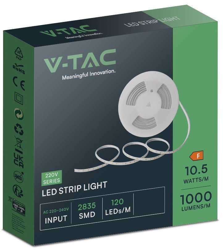 V-tac 10,5W/m LED juosta, 220V, 3000K, IP65, 10m ritė