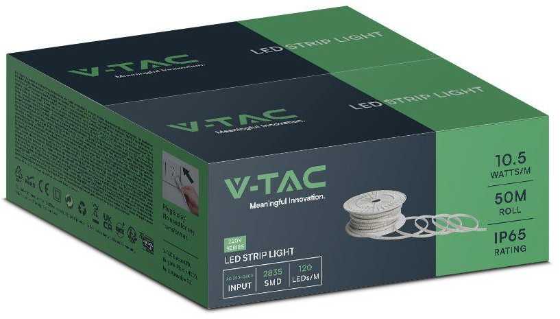 V-tac 10,5W/m LED juosta, 220V, žalia šviesos sp., IP65, 50m ritė