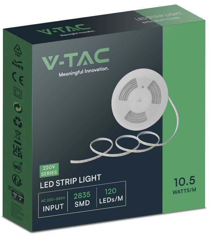 V-tac 10,5W/m LED juosta, 220V, raudona šviesos sp., IP65, 10m ritė