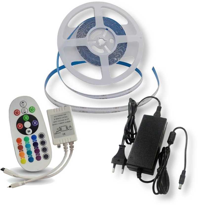 13W/m LED juosta, 422LED/m, RGB, 5m, su maitinimo šaltiniu ir nuotolinio valdymo pulteliu