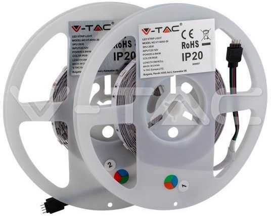 4,8 W/m, 100-240V LED juosta V-TAC, RGB. Komplekte 2x5m juosta, adapteris ir valdymo pultelis