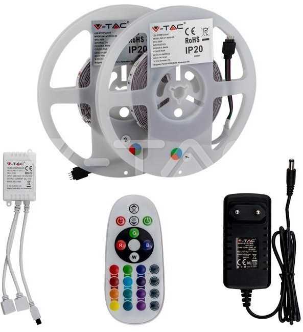 4,8 W/m, 100-240V LED juosta V-TAC, RGB. Komplekte 2x5m juosta, adapteris ir valdymo pultelis
