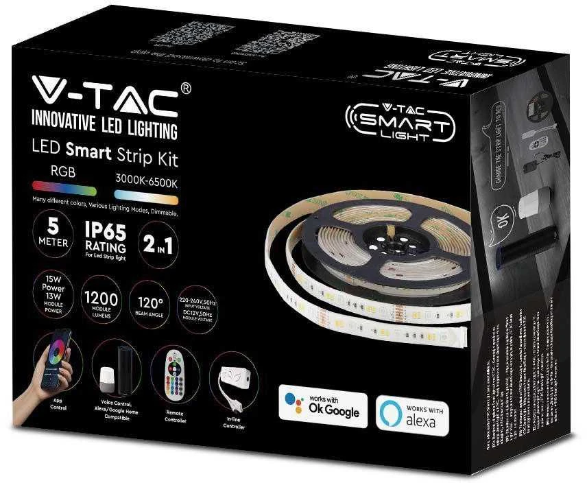 V-tac 15W/m LED juosta, RGB+3IN1, IP65, 5 metrų ritė, su nuotolinio valdymo pulteliu, valdikliu ir užmaitinimu